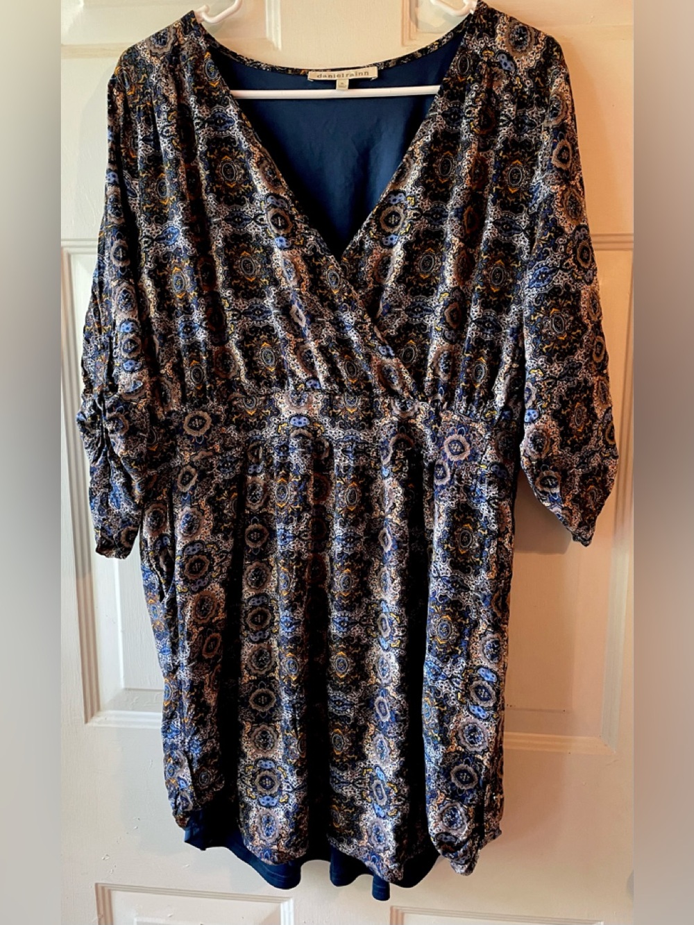 Daniel Rainn Navy Blue Taupe Cream Boho Medallion Print Mini Length Dress XL